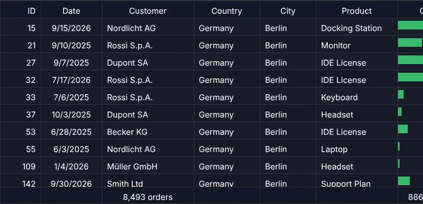 Screenshot: Live search over 100,000 orders