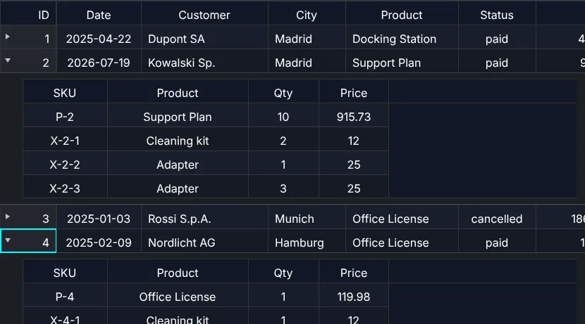 Screenshot: 100,000 orders with their items