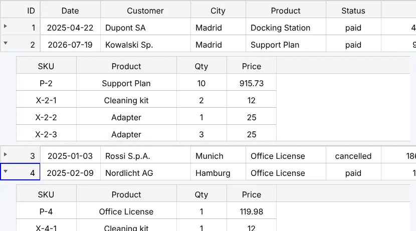 Screenshot: 100,000 orders with their items