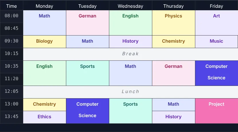 Screenshot: A school timetable