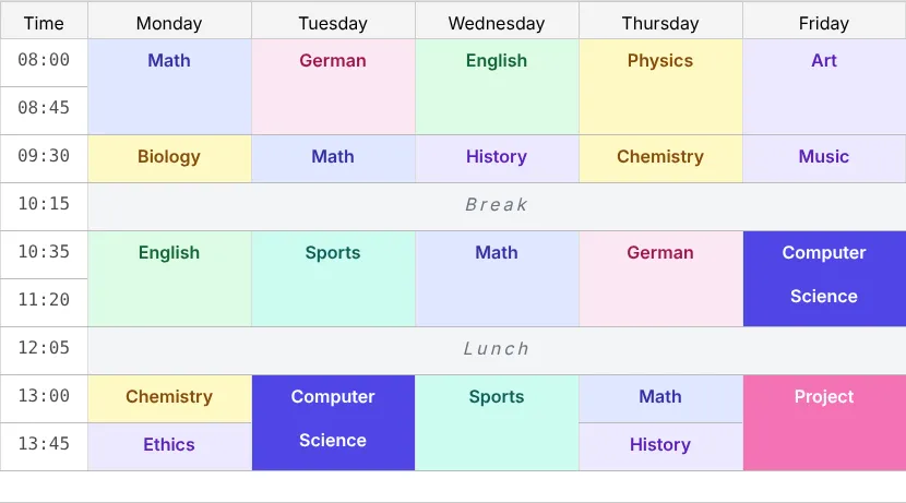 Screenshot: A school timetable